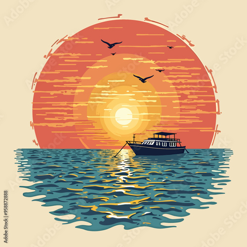 Evening Ocean t-shirt design ship in the sea at sunset