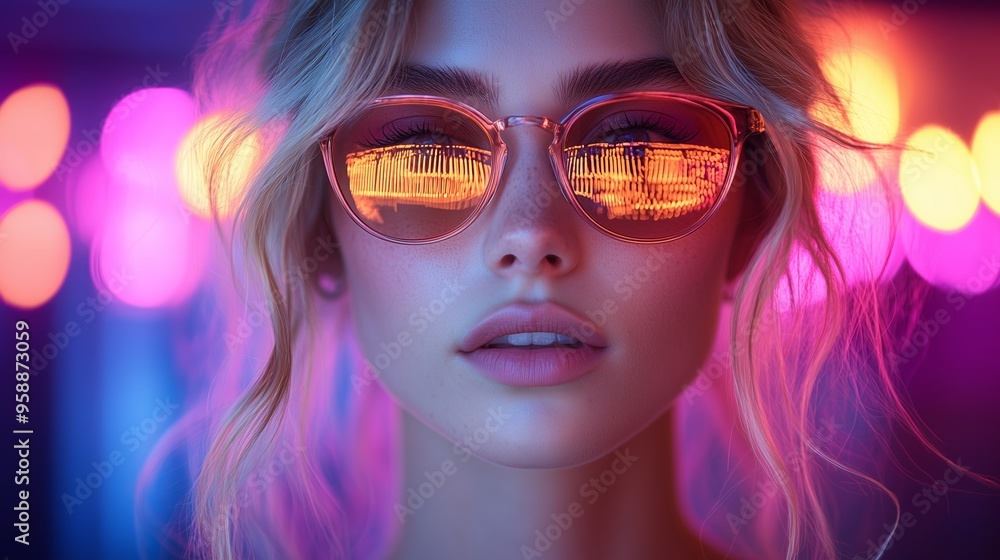A young woman in stylish sunglasses gazes confidently while illuminated by vibrant purple and orange lights in a modern city setting at night A young woman in stylish sunglasses gazes confidently while illuminated by vibrant purple and orange lights in a modern city setting at night