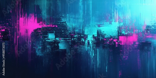 Digital glitch art with a blue and teal color scheme, featuring vertical lines of pixelated, 