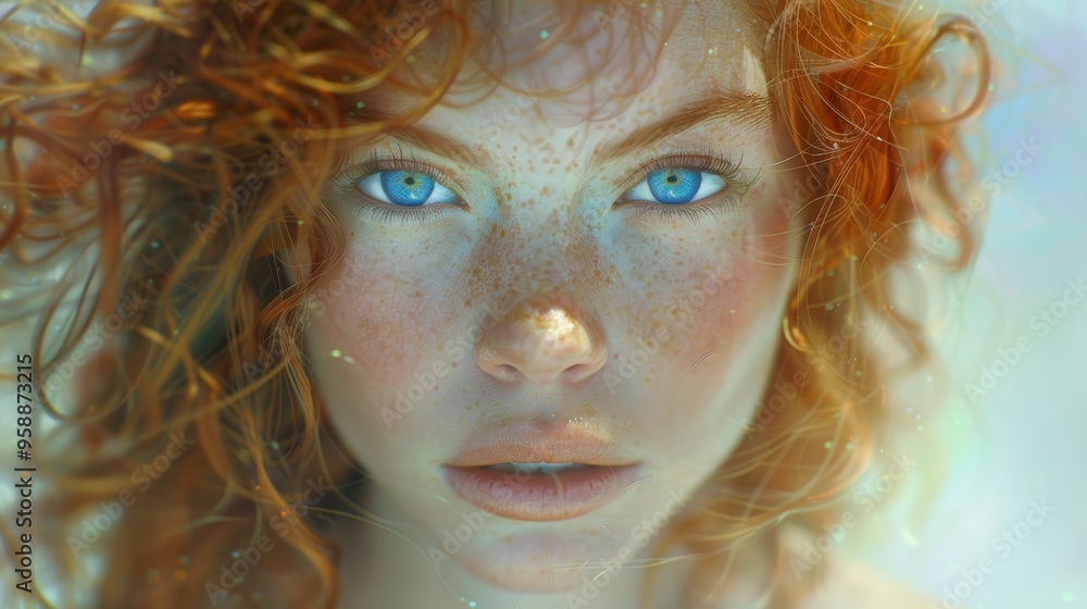 Freckled Red-Haired Woman with Striking Blue Eyes in Soft Pastel Blurred Background Freckled Red-Haired Woman with Striking Blue Eyes in Soft Pastel Blurred Background