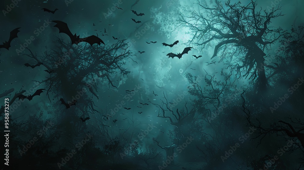 A Foggy Forest with Bats Flying Through the Trees A Foggy Forest with Bats Flying Through the Trees