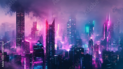 Wallpaper Mural Futuristic urban skyline with bright, colorful lights and tall structures. Premium background for the latest technology needs. generative ai Torontodigital.ca