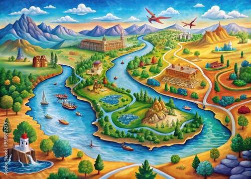 Colorful illustration of the contiguous United States featuring major rivers, including the Mississippi, Colorado, and Rio Grande, flowing through scenic landscapes and bustling cities. photo