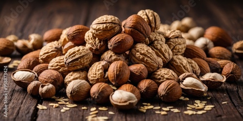 A pile of nuts is scattered on a wooden table.