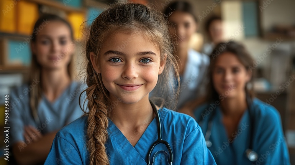 mature doctor with nurse preparing examinating tools little girl with mother sitting in background mature doctor with nurse preparing examinating tools little girl with mother sitting in background
