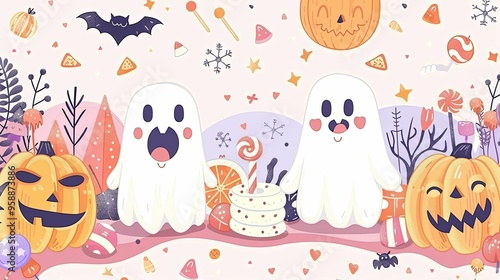 Two Friendly Ghosts and Pumpkins with Halloween Treats