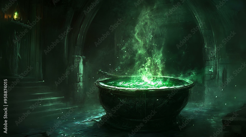 A cauldron bubbling with a green potion in a dark, shadowy room A cauldron bubbling with a green potion in a dark, shadowy room