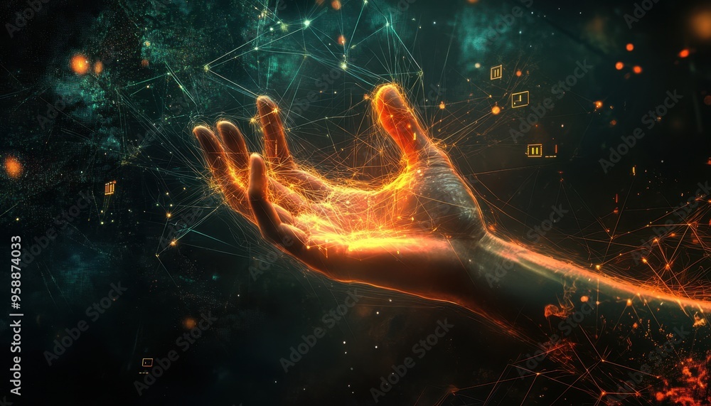 Illuminated Connection: Human Hand with Glowing Fingertips Linked to Abstract Light Streams and Coding Symbols Illuminated Connection: Human Hand with Glowing Fingertips Linked to Abstract Light Streams and Coding Symbols