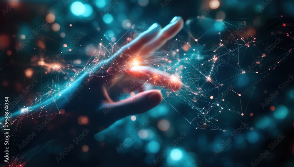 Digital Connection: Human Hand Reaching with Glowing Fingertips, Abstract Light Streams, and Coding Symbols Digital Connection: Human Hand Reaching with Glowing Fingertips, Abstract Light Streams, and Coding Symbols