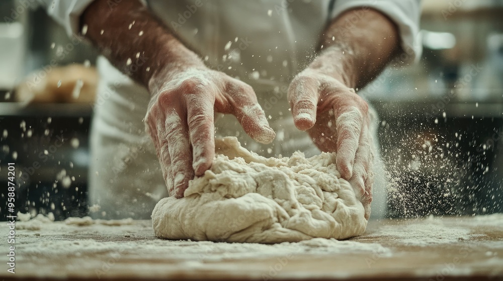 A detailed shot of a chef hands kneading dough, capturing the texture and elasticity of the dough as it being prepared for baking. A detailed shot of a chef hands kneading dough, capturing the texture and elasticity of the dough as it being prepared for baking.
