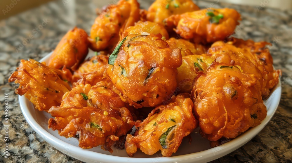 Close up of crispy, golden fried onion bhajis on a white plate. Close up of crispy, golden fried onion bhajis on a white plate.