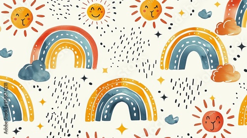 Watercolor Rainbow Pattern with Smiling Sun and Abstract Shapes