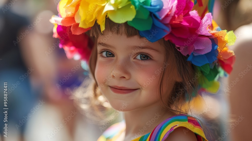 A smiling child in a vibrant close-up at the gay pride parade. A child's face with rainbow colors symbolizing joy and inclusion. A smiling child in a vibrant close-up at the gay pride parade. A child's face with rainbow colors symbolizing joy and inclusion.