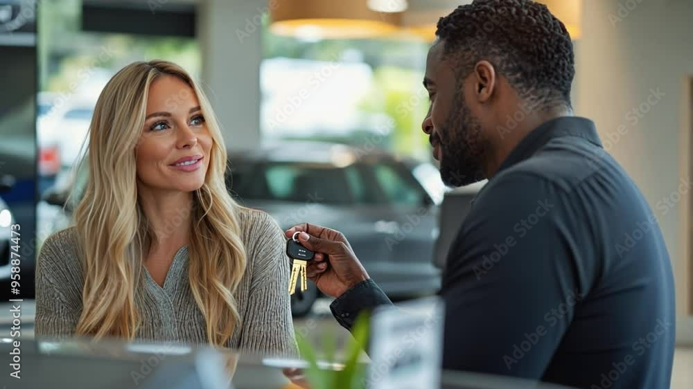 A man gives a girl the keys to a new car A man gives a girl the keys to a new car
