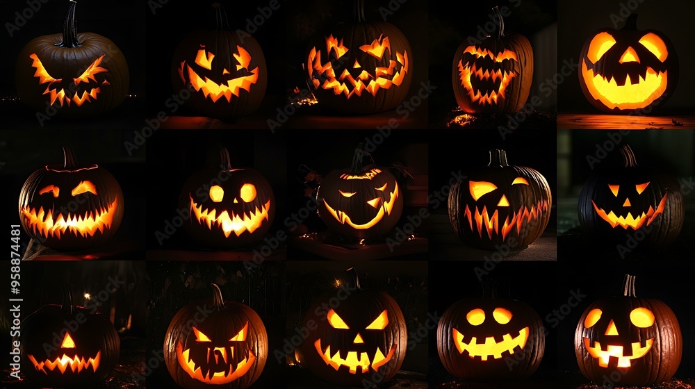 A collection of carved pumpkins with different expressions glowing in the night A collection of carved pumpkins with different expressions glowing in the night