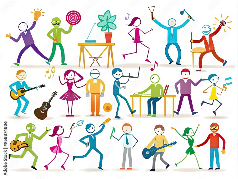 Colorful stick figures in various poses and scenarios, including sports, music, and work-related activities, illustrate creative ideas and concepts on a white background. Colorful stick figures in various poses and scenarios, including sports, music, and work-related activities, illustrate creative ideas and concepts on a white background.