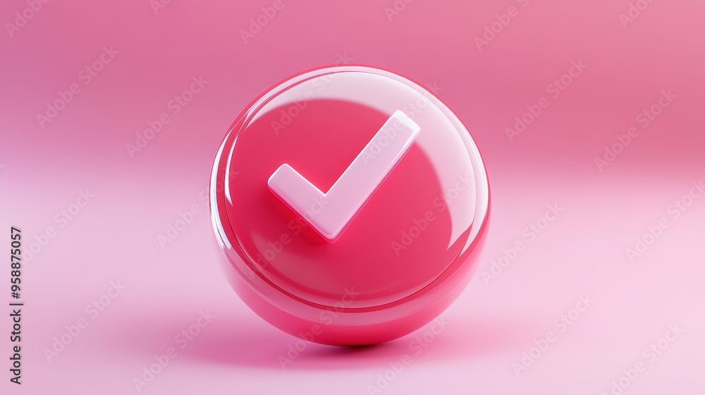 A pink check mark is on a round object