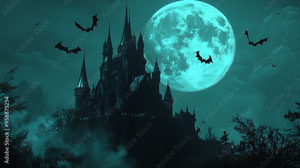 A full moon shining over a haunted castle with bats flying around A full moon shining over a haunted castle with bats flying around