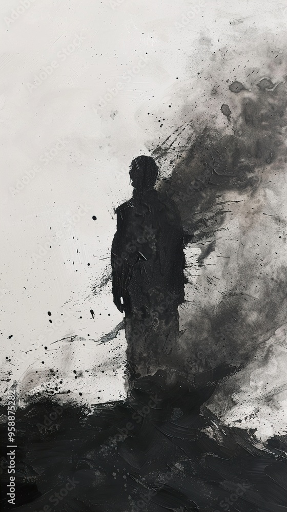 Fototapeta premium A silhouette of a person standing in front of a large black cloud, symbolizing a dark future.