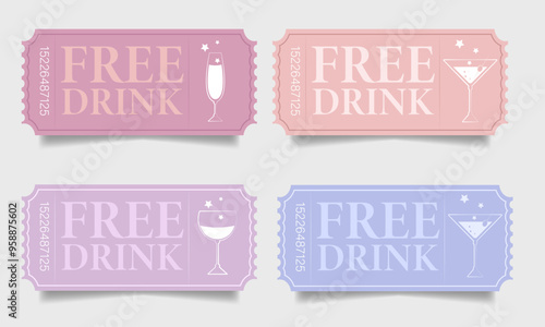 A set of coupons for a free drink in pastel colors. EPS 10. Vector illustration. Coupons for parties, bachelorette parties, birthday, corporate event