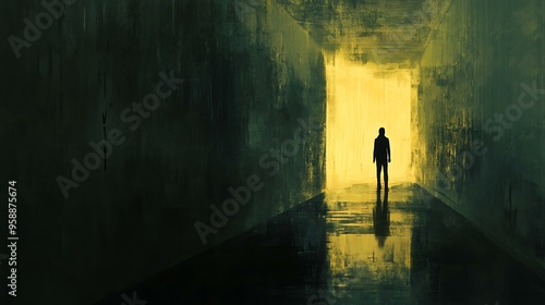 A shadowy figure standing at the end of a long, dark corridor