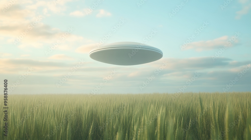 A white UFO is flying over a field of tall grass A white UFO is flying over a field of tall grass