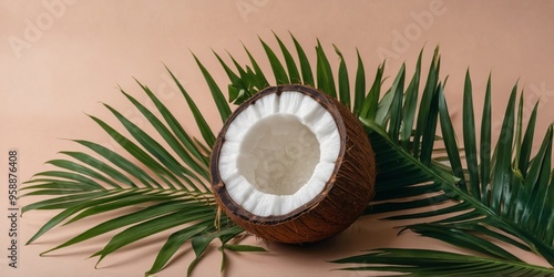 Tropical coconut and palm leaves flat lay.