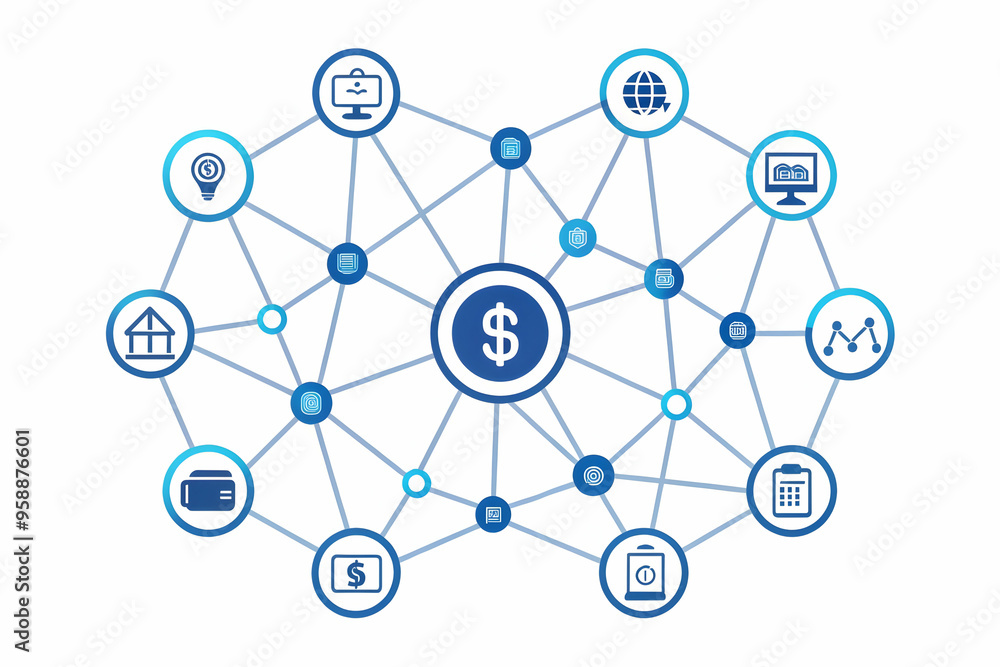 Flat AI Neural Network and Budget Frame Concept: Smart Business Tone - Illustration of AI Patterns Connected with Budget Icons, Promoting Efficient Budget Management. Copy Space in Center for Messagin Flat AI Neural Network and Budget Frame Concept: Smart Business Tone - Illustration of AI Patterns Connected with Budget Icons, Promoting Efficient Budget Management. Copy Space in Center for Messagin