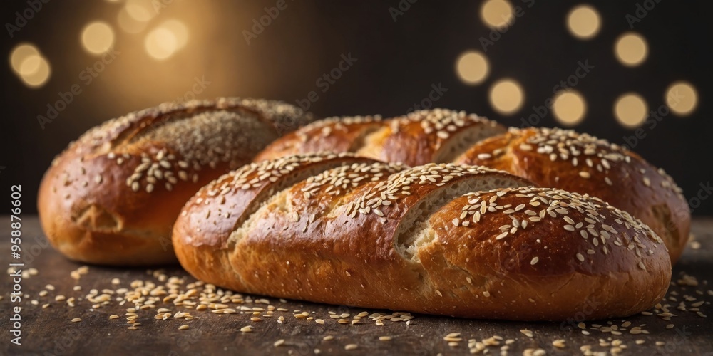 Three rolls of bread with sesame seeds on top. Three rolls of bread with sesame seeds on top.