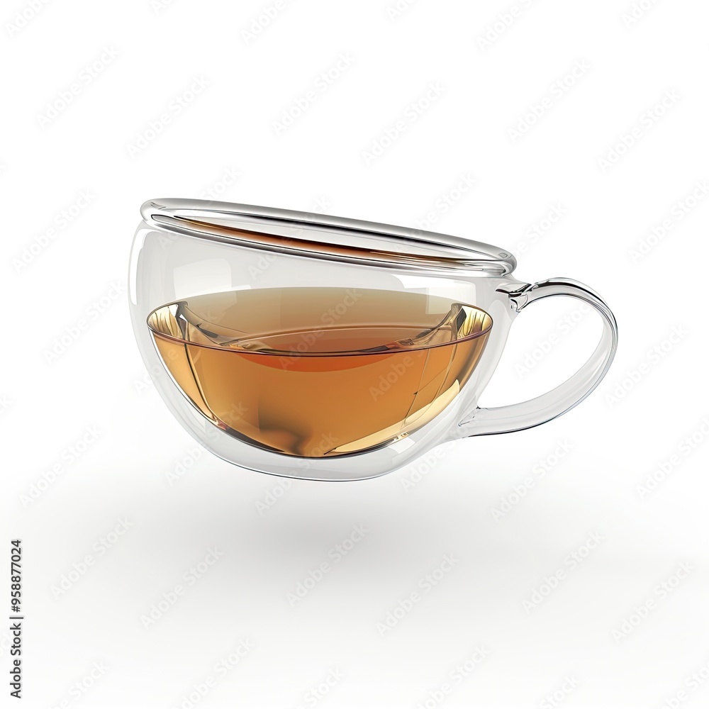 glass transparent tea cup on a white background, floating in space, slightly tilted at a 45 degree angle --no plate, generative ai glass transparent tea cup on a white background, floating in space, slightly tilted at a 45 degree angle --no plate, generative ai