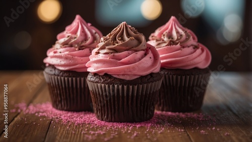 Delicious Chocolate Cupcakes With Pink Frosting Displayed On A Wooden Table.