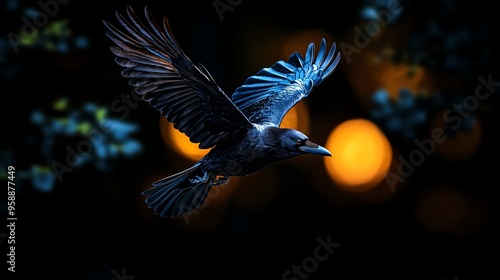 A striking silhouette of a bird in flight against a dark backdrop, showcasing its wings spread wide and a hint of ethereal lights.