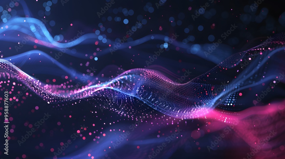 Obraz premium Blue purple wave line light gradient dark background. Abstract technology big data digital background. 3D rendering.