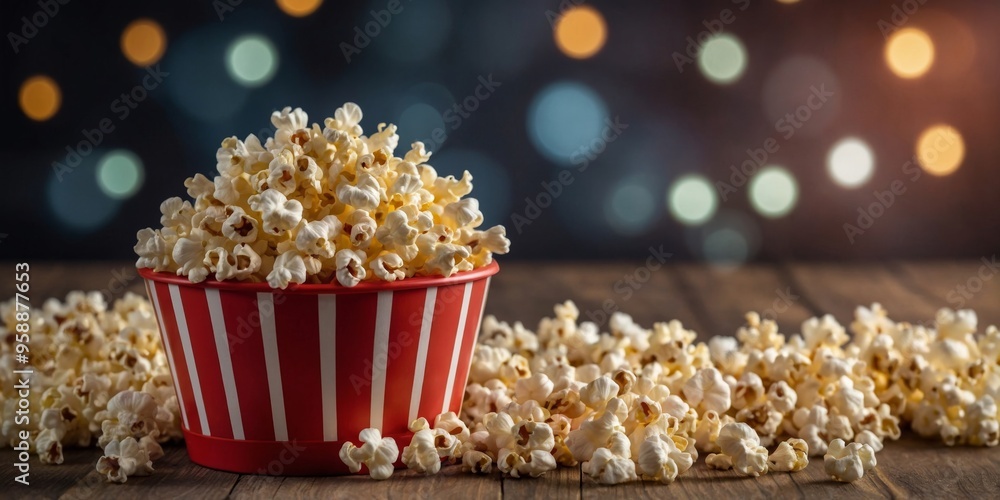 A red and white popcorn bucket is filled with popcorn. A red and white popcorn bucket is filled with popcorn.