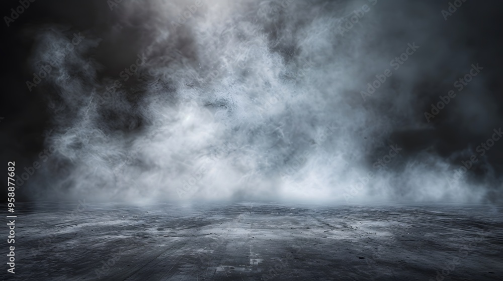Mysterious and atmospheric scene with dark empty space. Floor is illuminated by spotlight creating dramatic interplay of light and shadows. Presence of smoke or mist element of mystery ambiance Mysterious and atmospheric scene with dark empty space. Floor is illuminated by spotlight creating dramatic interplay of light and shadows. Presence of smoke or mist element of mystery ambiance
