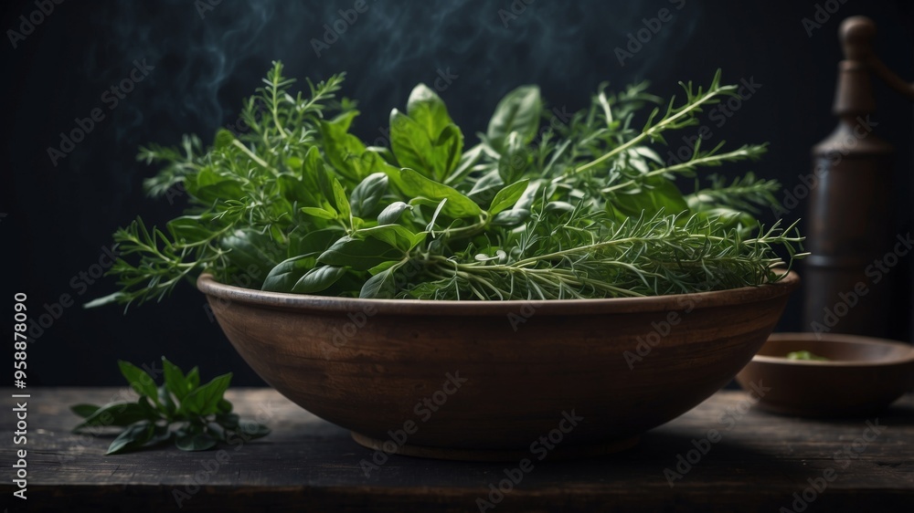 Freshly Harvested Green Herbs in a Rustic Bowl on a Dark Surface. Freshly Harvested Green Herbs in a Rustic Bowl on a Dark Surface.