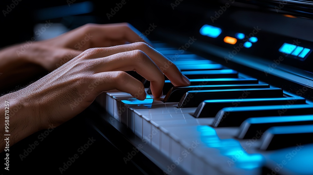 Close-up of hands skillfully playing a piano, showcasing musical expression and artistry with illuminated keys. Close-up of hands skillfully playing a piano, showcasing musical expression and artistry with illuminated keys.