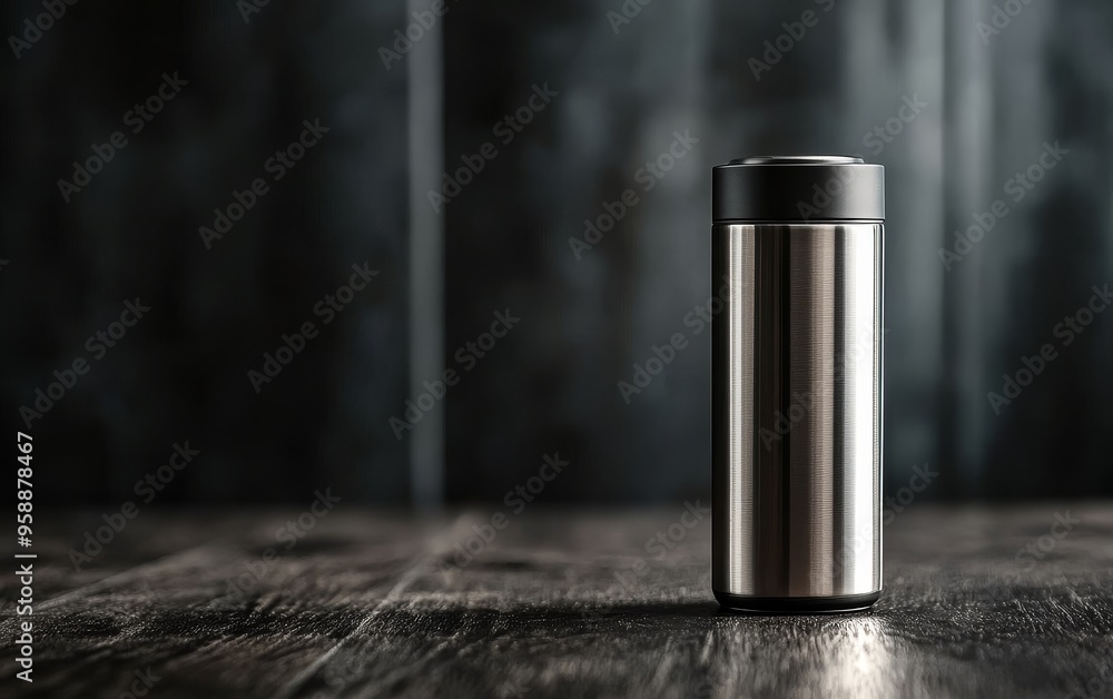 A sleek stainless steel thermos standing on a wooden surface, ideal for keeping beverages hot or cold. A sleek stainless steel thermos standing on a wooden surface, ideal for keeping beverages hot or cold.