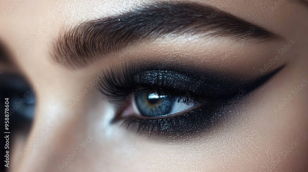 A detailed shot of a woman's eyes with dramatic smoky eye makeup, featuring perfectly blended eyeshadow, winged eyeliner, and voluminous lashes. A detailed shot of a woman's eyes with dramatic smoky eye makeup, featuring perfectly blended eyeshadow, winged eyeliner, and voluminous lashes.
