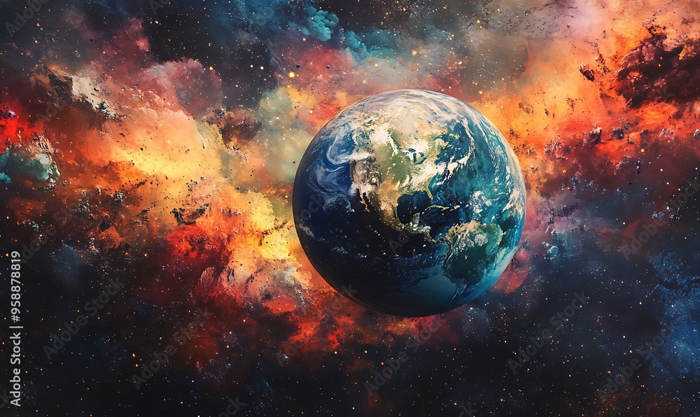 Earth in a Starry Sky with a Colorful Nebula Earth in a Starry Sky with a Colorful Nebula