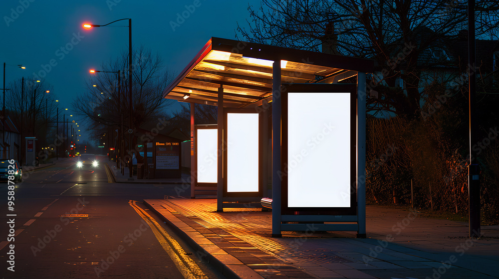 White Blank Billboard Mockup in a Modern City Bus Station at Night – Wet Street Reflections, Glowing Lights, and Public Transport for Creative Advertising Concepts and Branding Design White Blank Billboard Mockup in a Modern City Bus Station at Night – Wet Street Reflections, Glowing Lights, and Public Transport for Creative Advertising Concepts and Branding Design