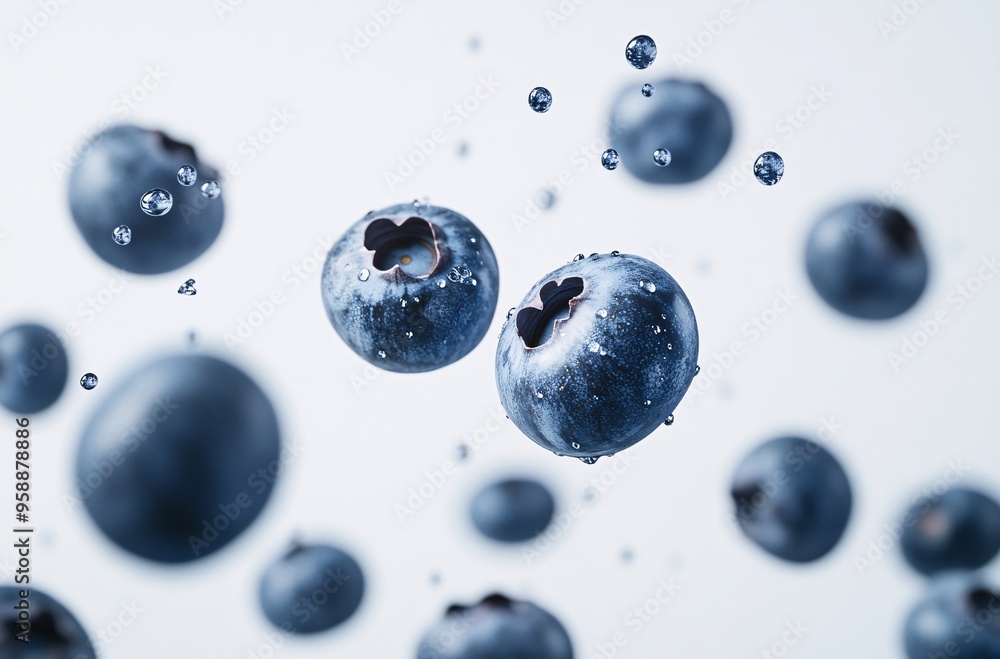 Fresh Blueberries in Mid-Air with Water Droplets Fresh Blueberries in Mid-Air with Water Droplets
