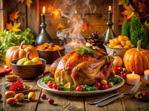 Cozy autumnal dinner table setting with roasted turkey, steaming vegetables, and seasonal decorations, evoking warmth and gratitude on a crisp Canadian Thanksgiving day.