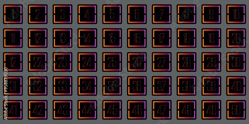 Numbers, 1 to 50 numbers, effect glass theme, faint thin lines, orange red purple gradations