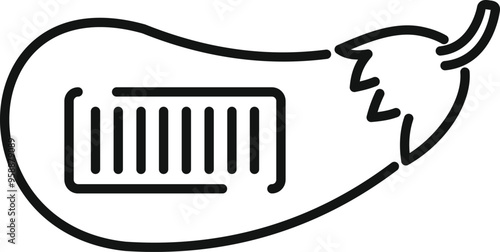 Line drawing of an eggplant with a barcode, representing the concept of genetically modified food