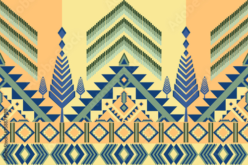 Navy blue green on orange yellow background geometric ethnic traditional pattern, aztec, tribal, american, indian fabrics design for wrap carpet decorative illustration