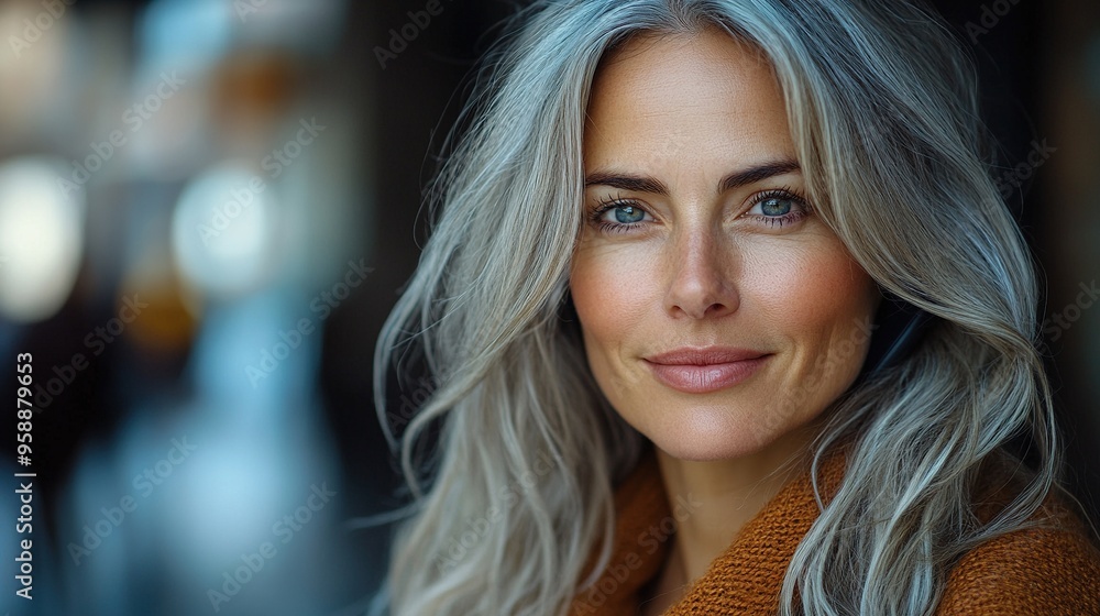 portrait of a beautiful woman with gray hair using speakerphone to make a call portrait of a beautiful woman with gray hair using speakerphone to make a call