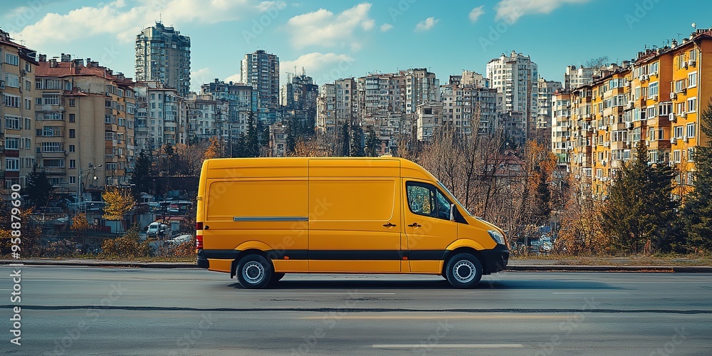 White modern delivery small shipment cargo courier van moving fast on motorway road to city White modern delivery small shipment cargo courier van moving fast on motorway road to city