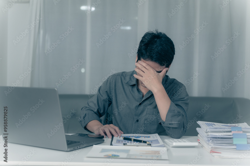 Young Asian man suffering from pain from working at desk, feeling tired from working on laptop and financial documents in office for a long time, Conceptual Office Syndrome Young Asian man suffering from pain from working at desk, feeling tired from working on laptop and financial documents in office for a long time, Conceptual Office Syndrome