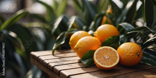 Fototapeta Naklejka Na Ścianę i Meble -  Tropical citrus fruits in sunlight with palm leaves.